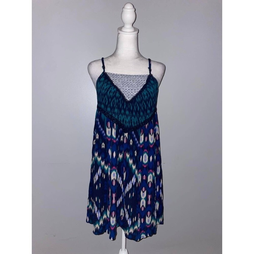 Xhilaration Womens L Boho Cami Dress Blue Ikat Print Smocked Babydoll Top